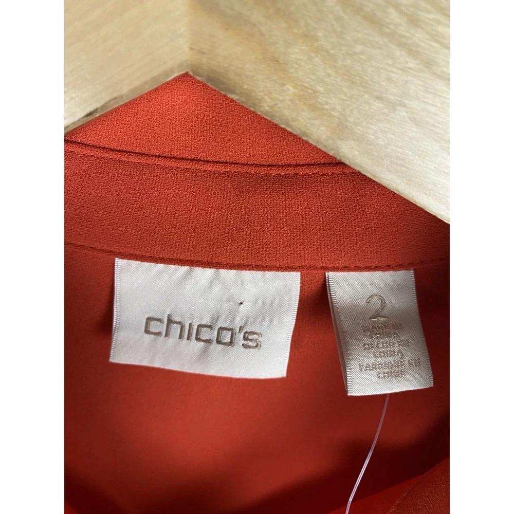 Chicos Size 2 L Utility Jacket Orange Gold Button Cargo Pocket Military Shirt